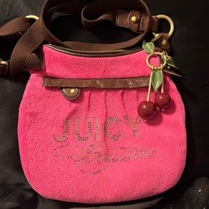 Juicy Couture cute terry cloth, raspberry bag with 4 pockets and cute cherries.